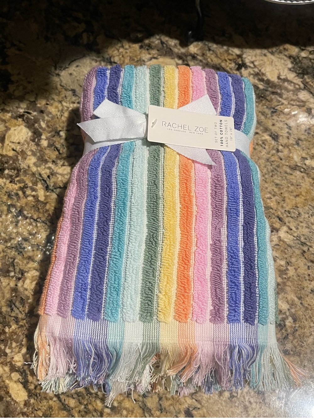 Rachel Zoe striped fringed 100% Cotton Hand Towel set of (2) 18”x28”” -Brand new